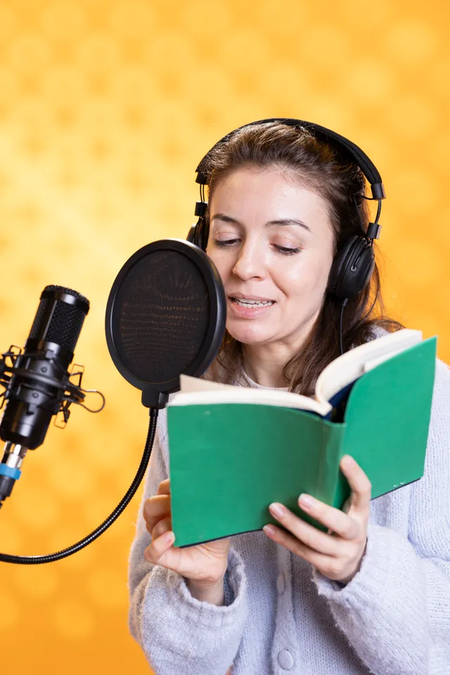 A person in headphones reading into a microphone