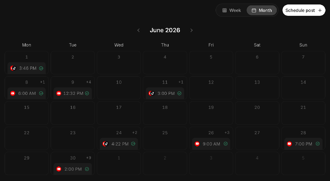 Month view of the reap calendar for June 2026, with the Week and Month toggle and a Schedule post button above it, and scheduled posts across the month each showing their destination, publish time and published status