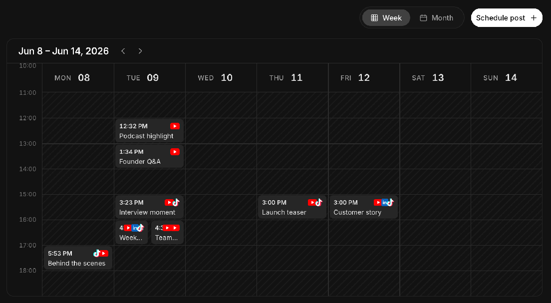 Week view of the reap calendar for June 8 to 14, 2026, laid out hour by hour from 11am to 6pm, with each scheduled post sitting in its publish hour and showing the platforms it goes out to