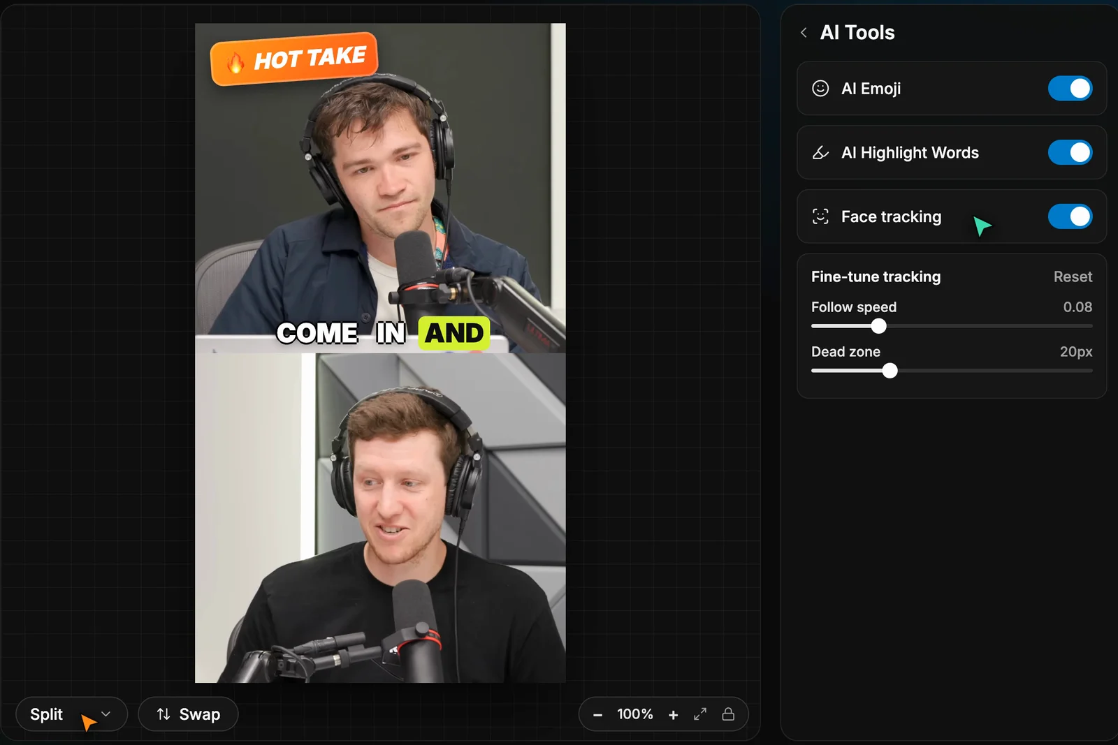 reap editor in Split layout with two podcast speakers stacked vertically, and the AI Tools panel showing AI Emoji, AI Highlight Words, and Face tracking switched on