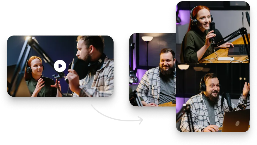 A wide two-host podcast recording becoming three vertical and square clips, each framed on a speaker